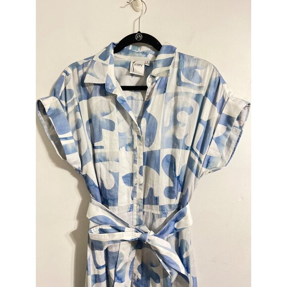 Finley Chantel Shirt Maxi Dress Blue White Abstract Print Belted size Medium - Picture 4 of 12